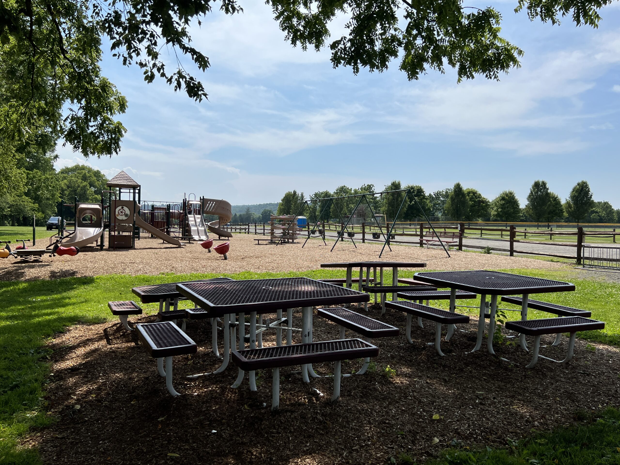 Green Acres Field of Dreams Playground in Independence Township NJ - WIDE image - playground with picnic tables Pavilion end (best shot)