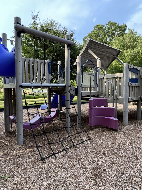 North Branch Park Playground in Bridgewater NJ - Features - rope climbing wall with shady seats under playground