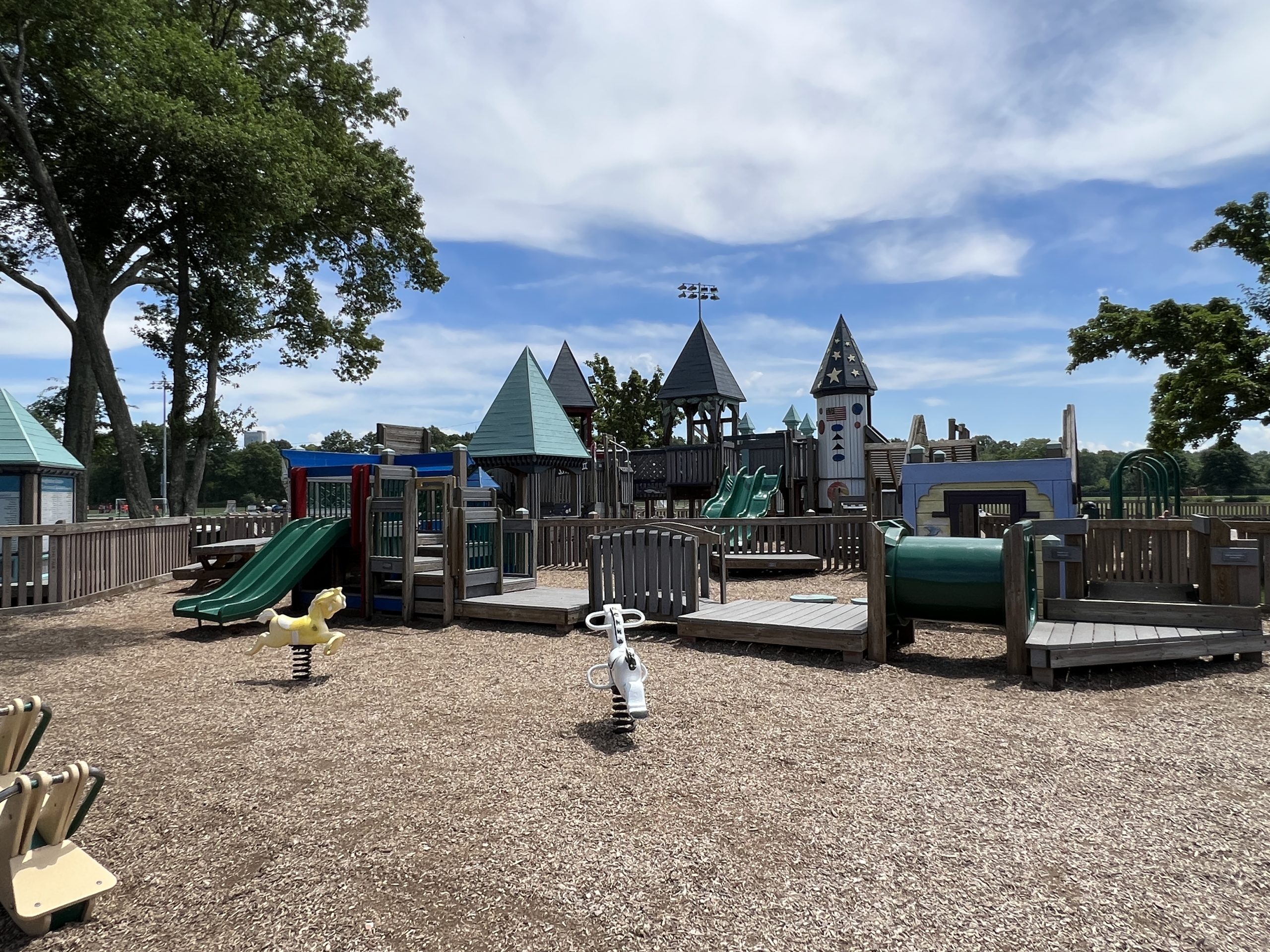 TOT LOT at Imagination Station Playground in Roxbury NJ - WIDE view with ride on toys, tunnel, bridge, and slide BEST
