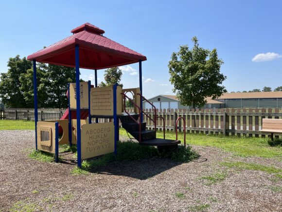 Alexandria Township Park Playground in Milford NJ - WIDE image - red roof playground ABC side