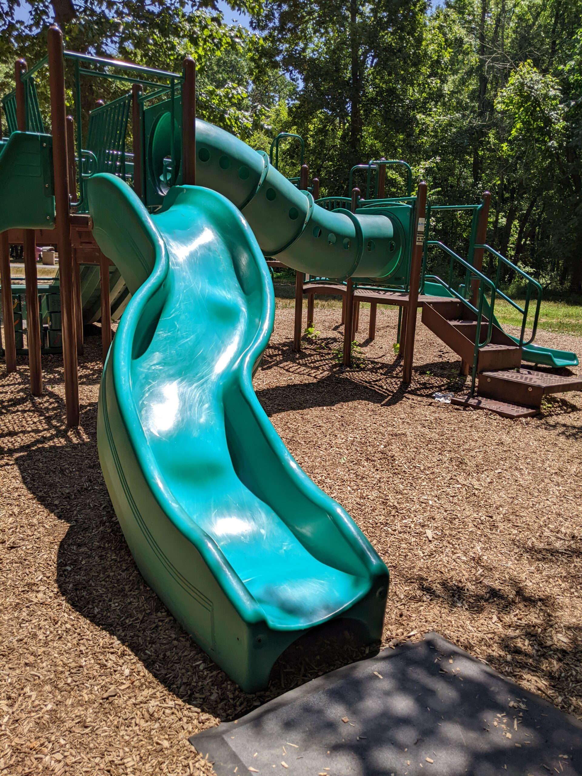 Children's Park Playground at Veteran's Park in Hamilton Township NJ - SLIDES - curvy green slide on green playground