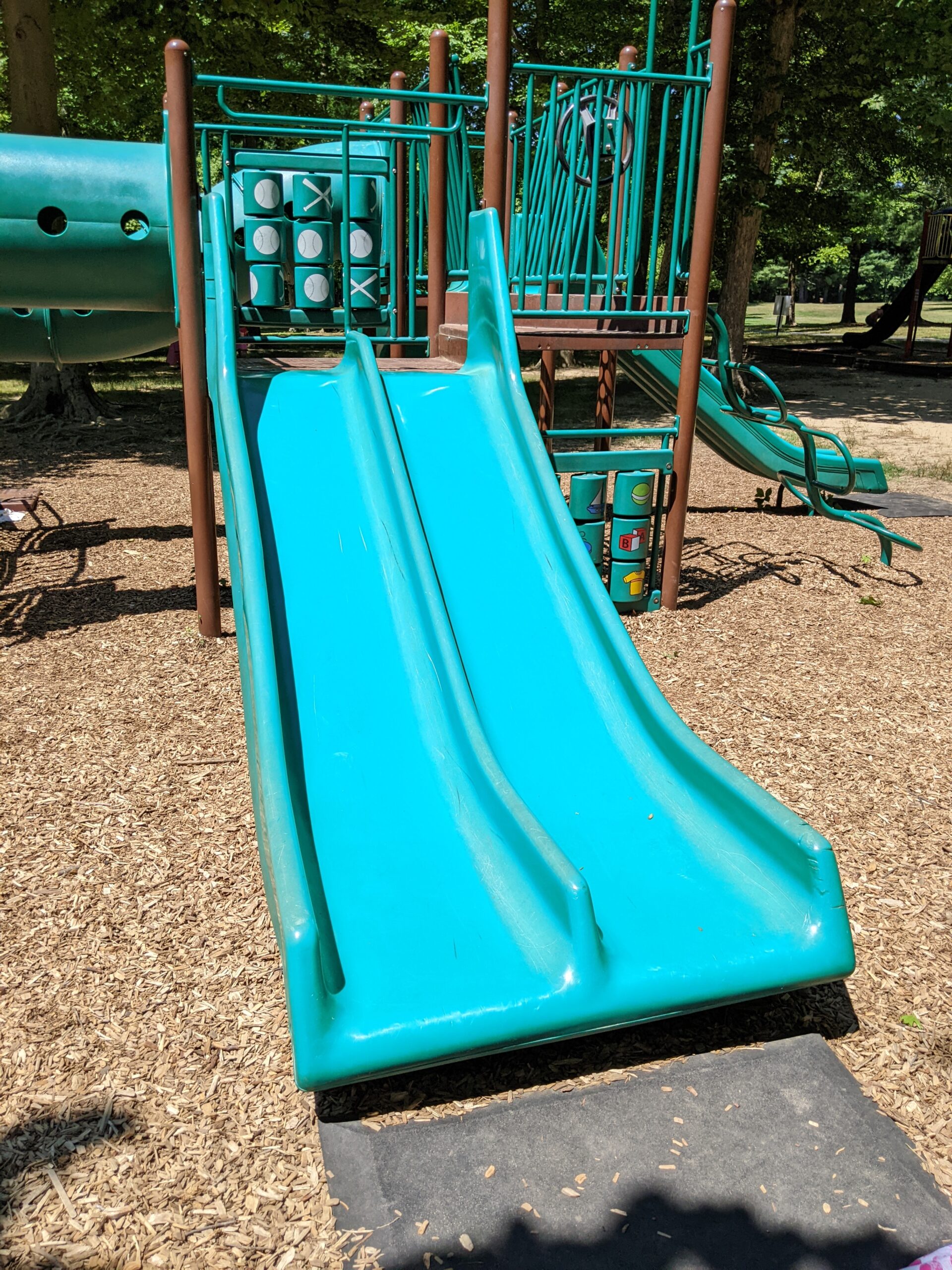 Children's Park Playground at Veteran's Park in Hamilton Township NJ - SLIDES - side by side straight green slides on green playground