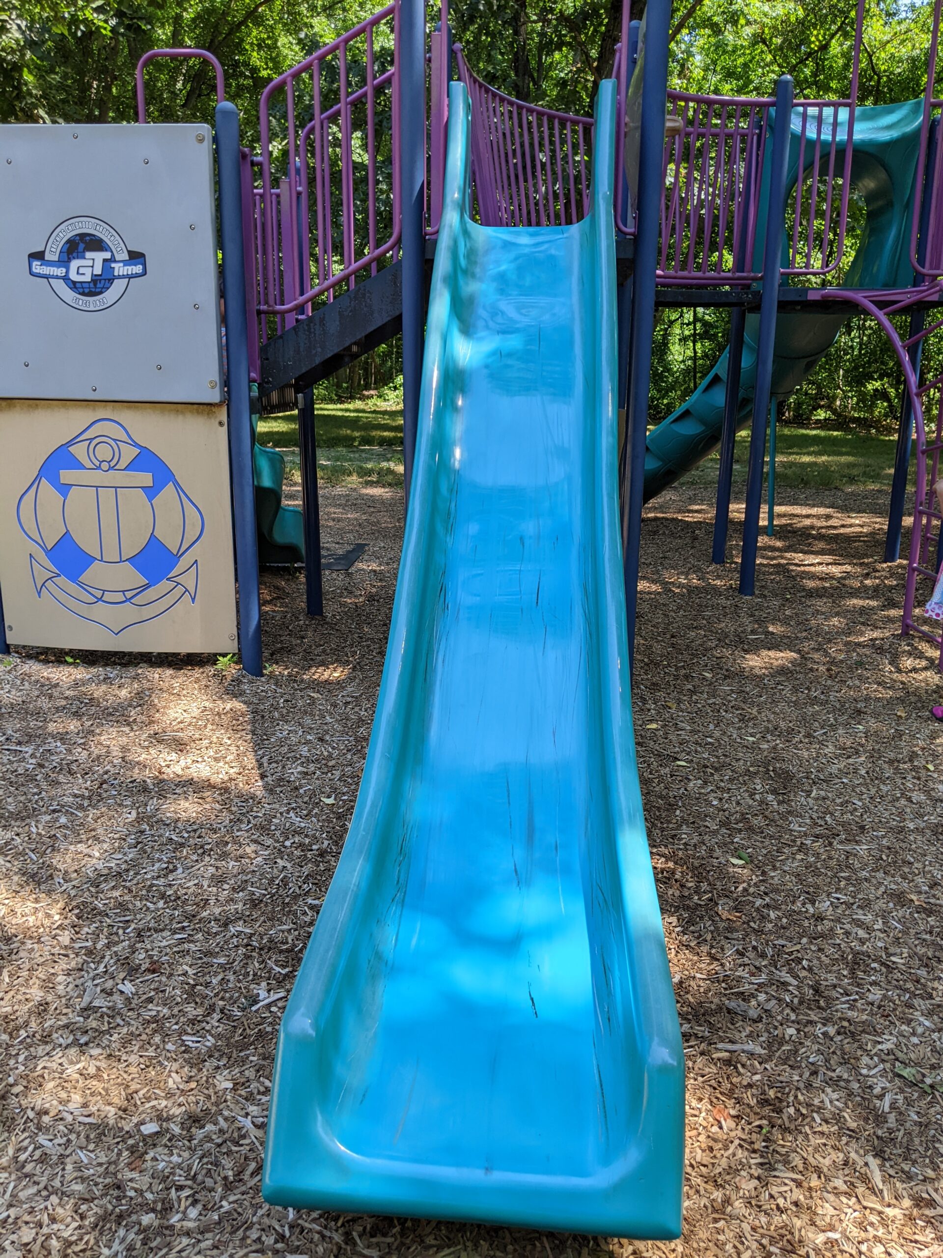 Children's Park Playground at Veteran's Park in Hamilton Township NJ - SLIDES - straight light blue slide on purple playground