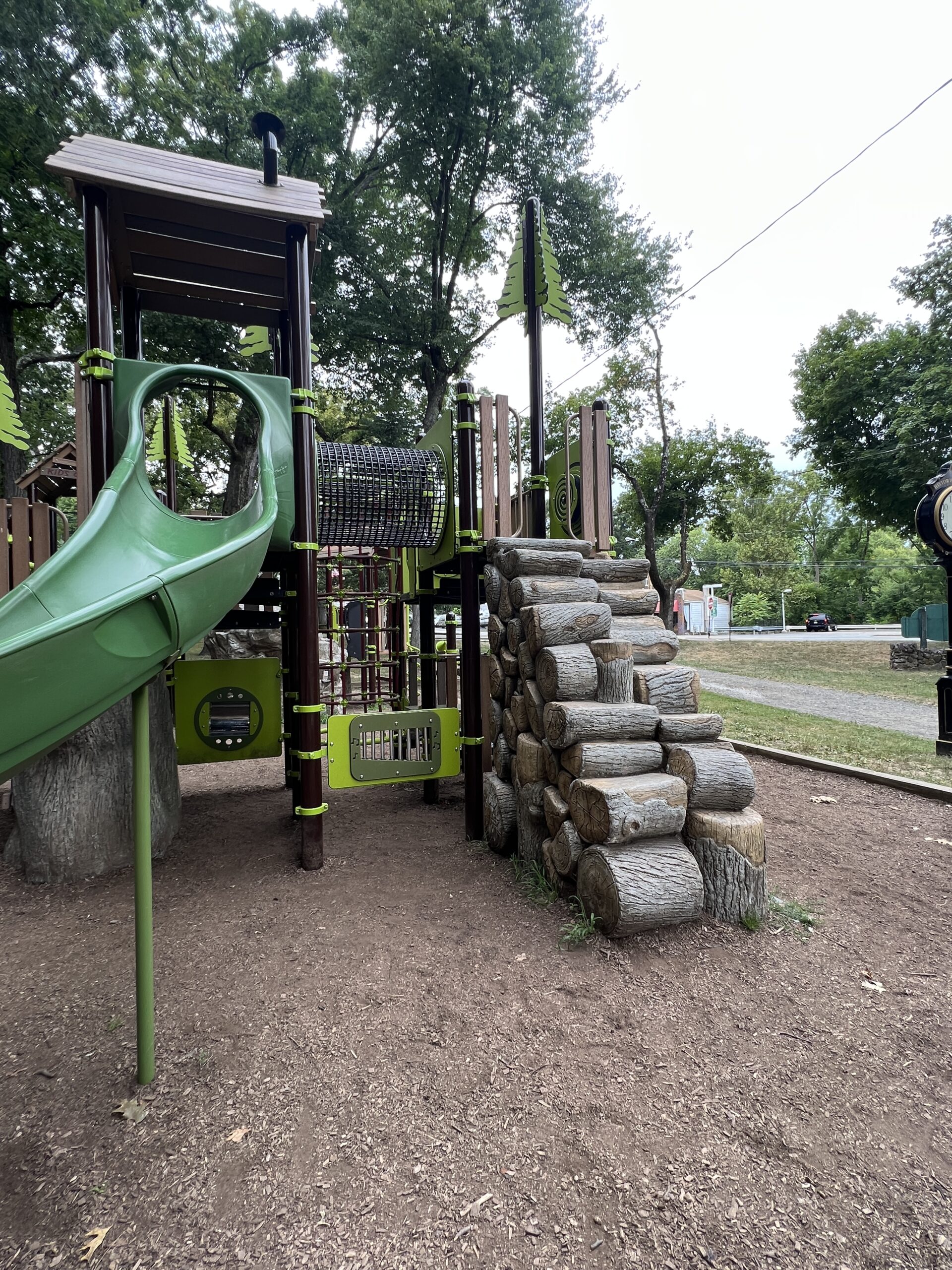 Grace Lord Park Playground in Boonton NJ - Features - tree log steps, accessible sensory play, clear tunnel