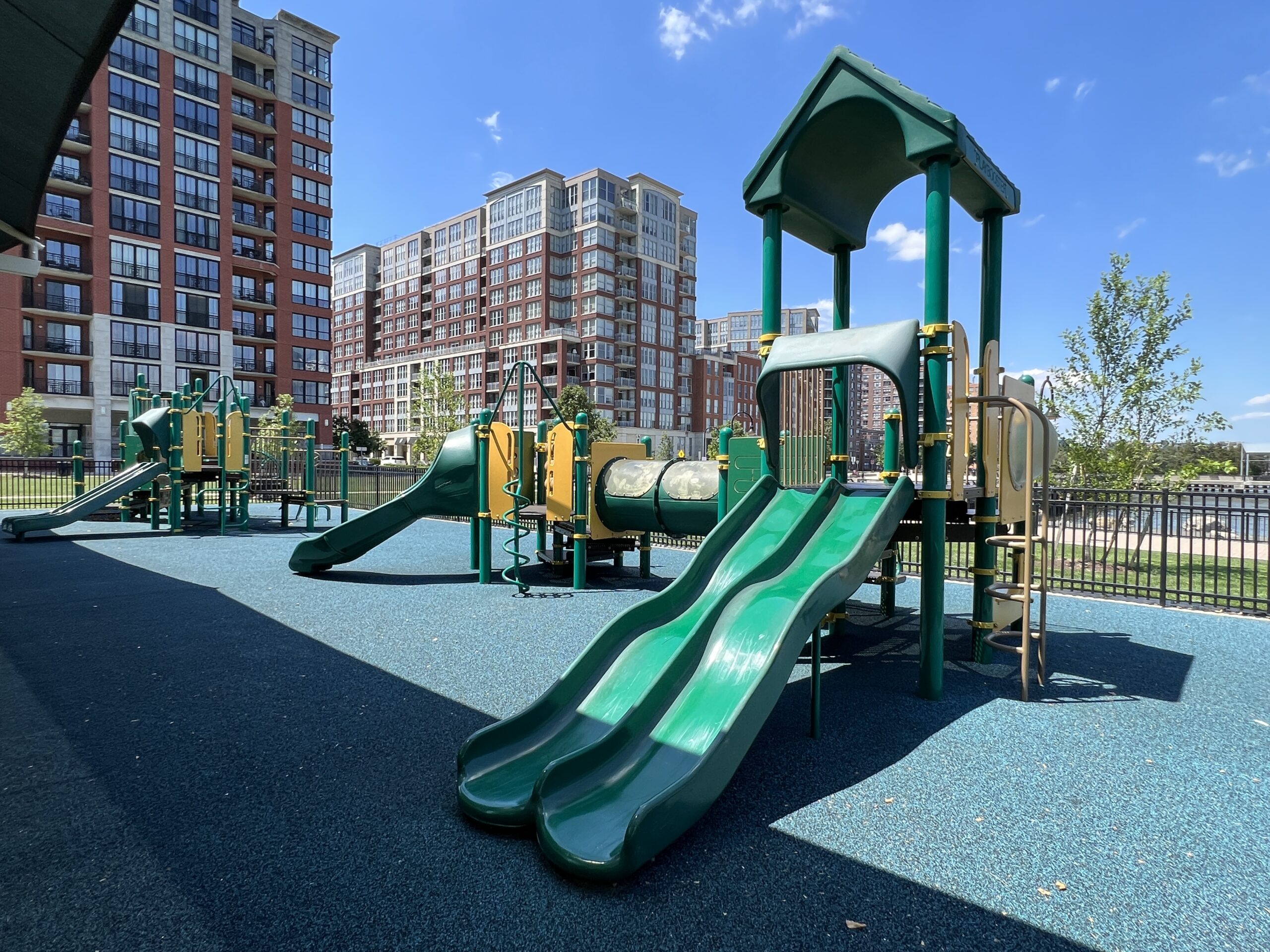 Maxwell Place Park Playground in Hoboken NJ - WIDE image - both playgrounds back view