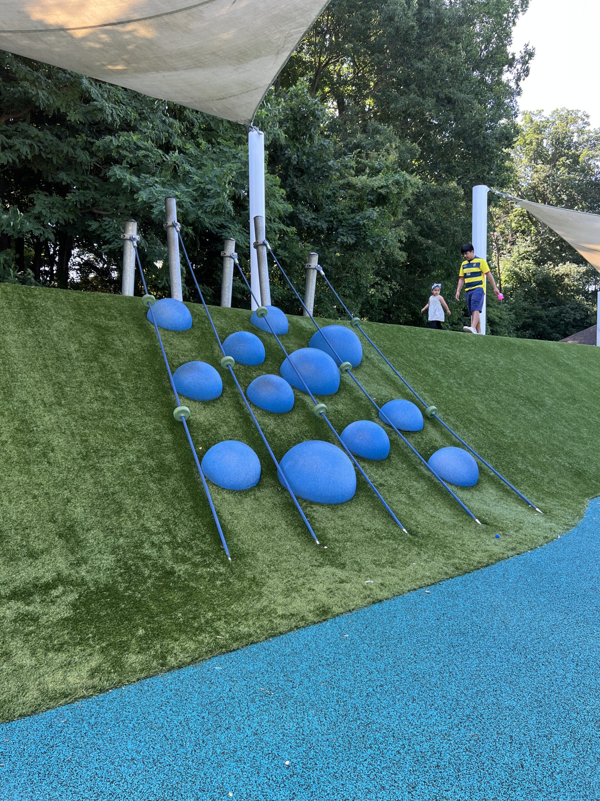 Verona Park Playground in Verona NJ - Features - Hill Wall ropes and blue spheres TALL image