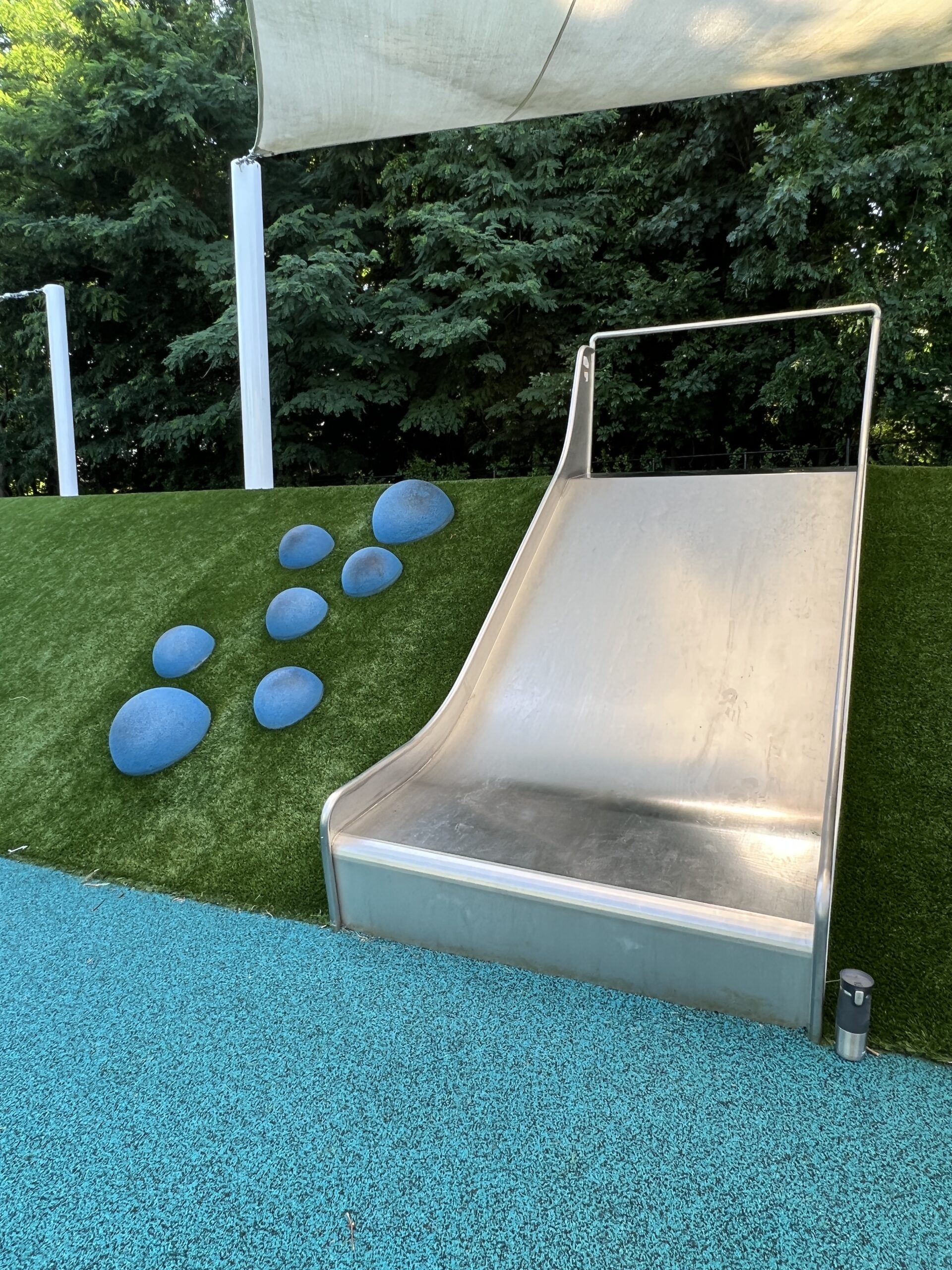 Verona Park Playground in Verona NJ - Features - Hill wall WIDE straight SLIDE with blue climbing spheres TALL image