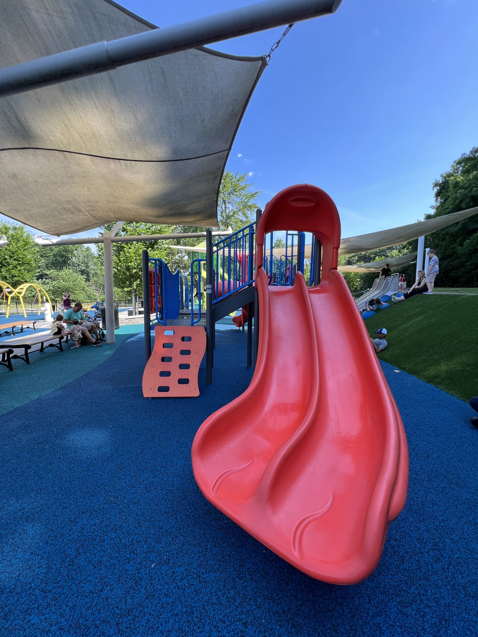 Verona Park Playground in Verona NJ - SLIDES - Red side by side slides that curve at end
