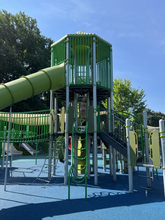 Verona Park Playground in Verona NJ - TALL image - high tower with ladders and bridge