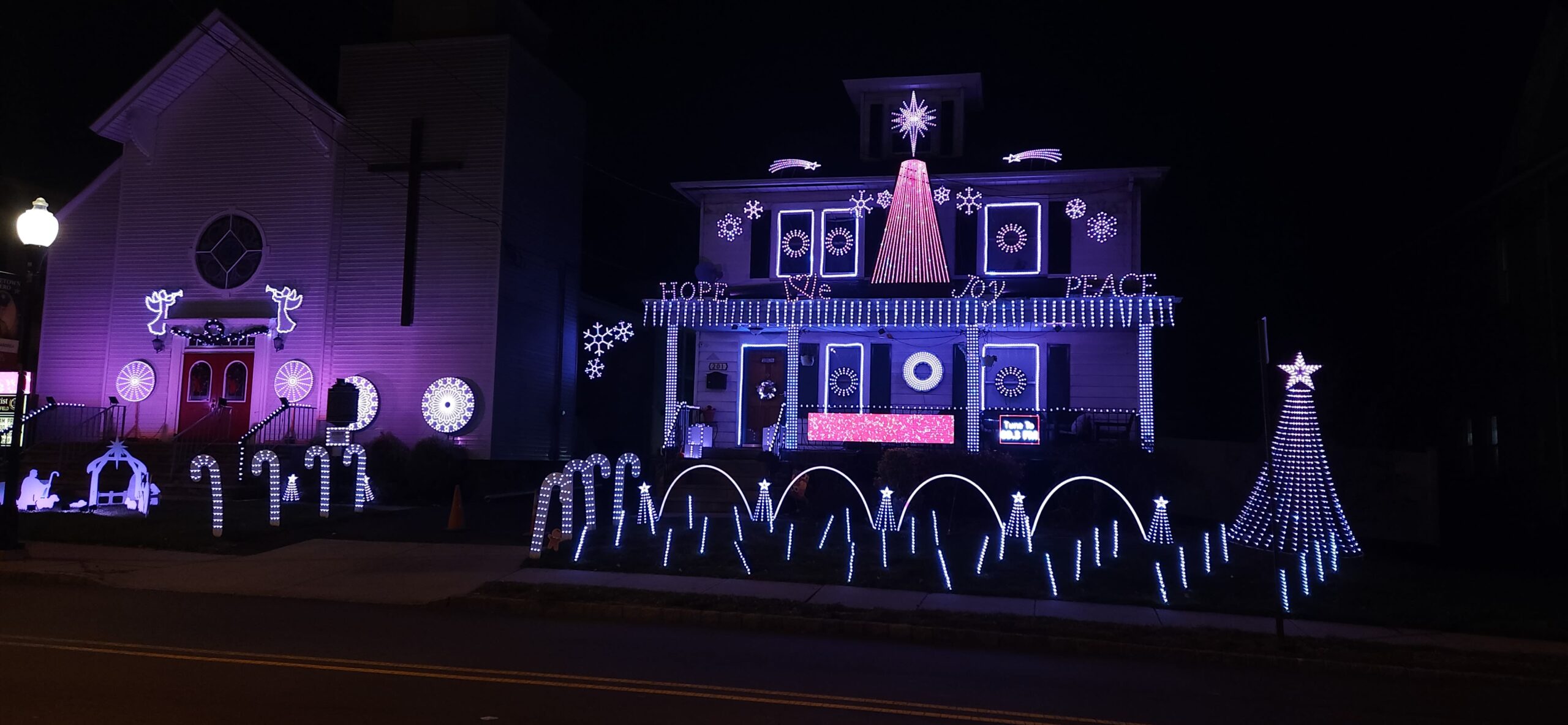 pink lights at Christmas at the Nietzers Christmas Lights in South Plainfield New Jersey