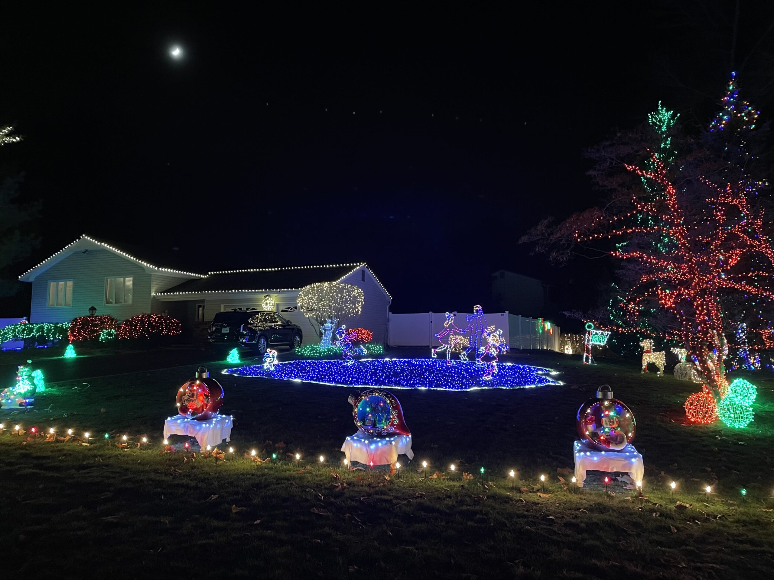 Flanagan's Christmas Lights in Manalapan New Jersey lit up pond of ice skaters and ornaments