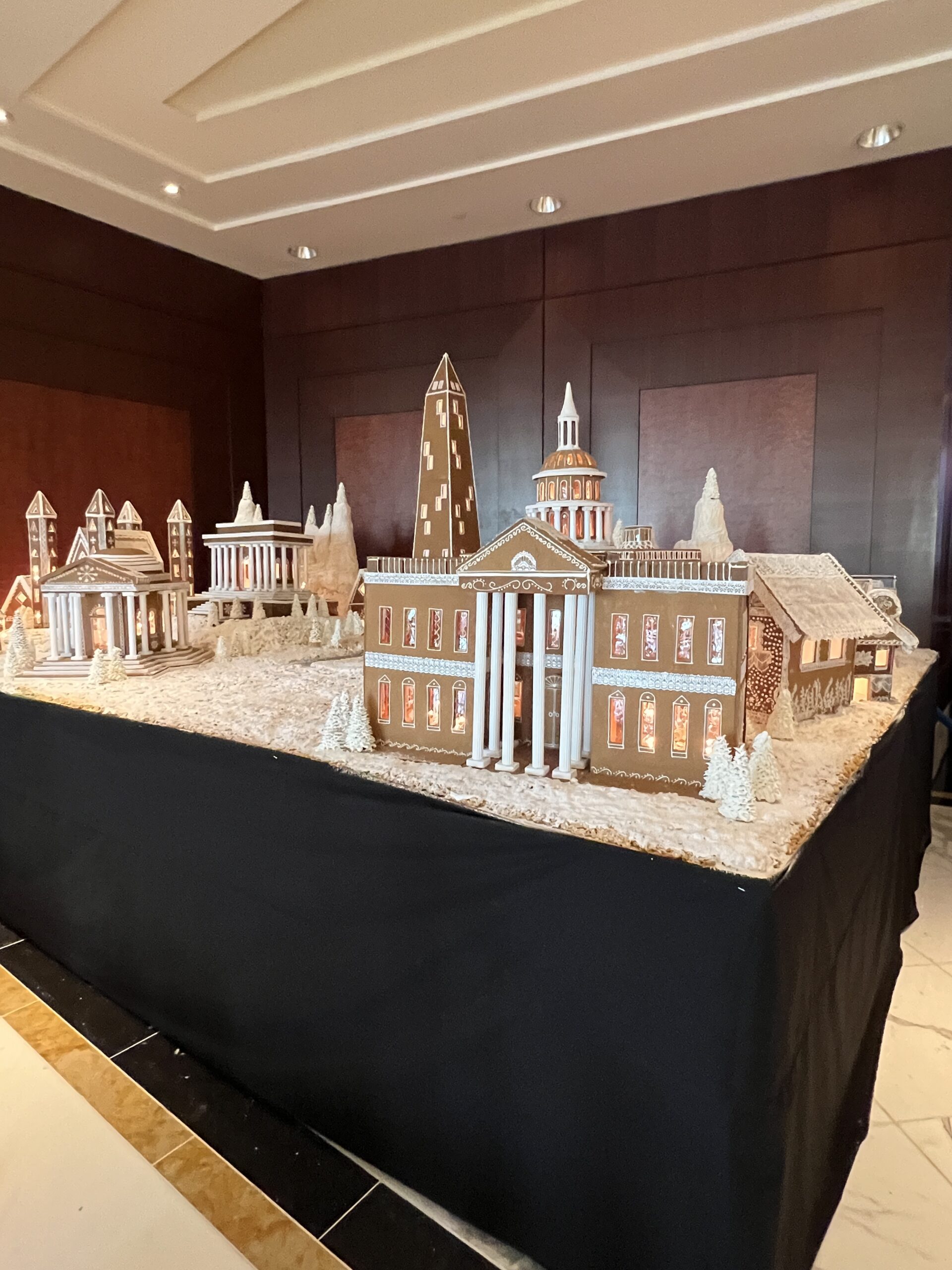 Gingerbread village of buildings and landmarks in Gaylord National Resort Lobby
