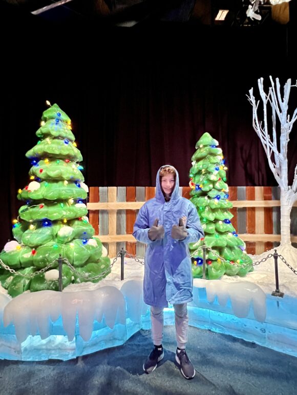 ICE at Gaylord's National Resort - boy standing with christmas trees made from colored frozen ice