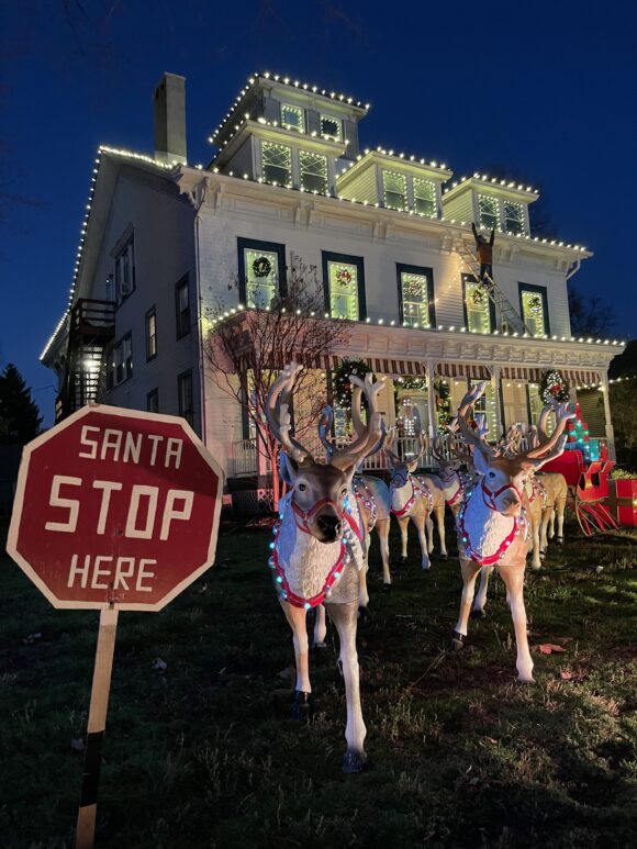 reindeer with santa sleigh at Nazco Christmas Manor Christmas lights house in Keyport New Jersey