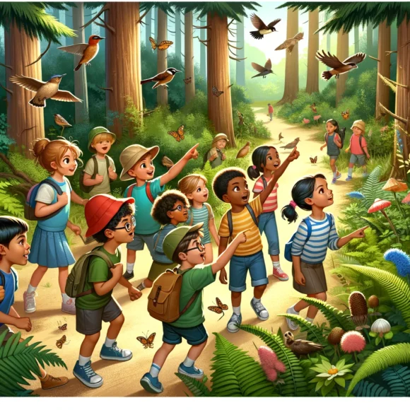 Children at summer camp participating in a nature hike