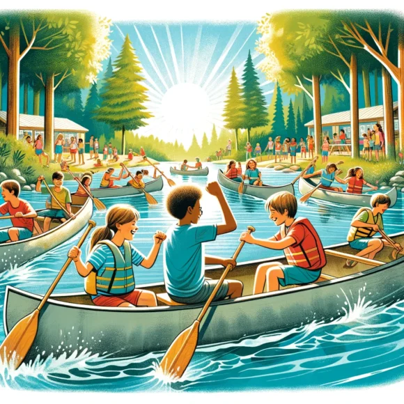 Children engaged in canoeing on a lake while at summer camp