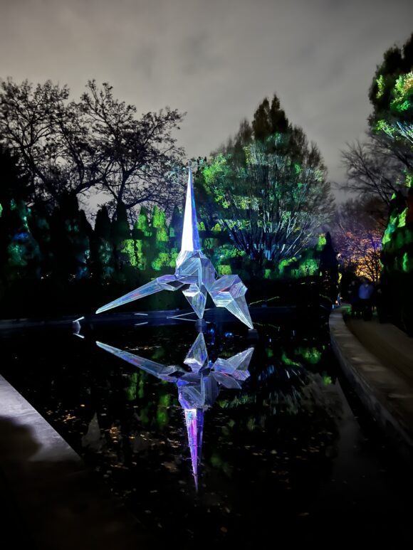 geometric shape on water at Night Forms- Infinite Wave at Grounds for Sculpture in Princeton NJ