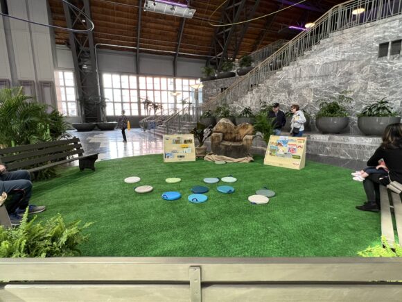 a large turf grass area with benches and padded spots at the Philadelphia Flower Show's Kids Cocoon, an area with activities for kids