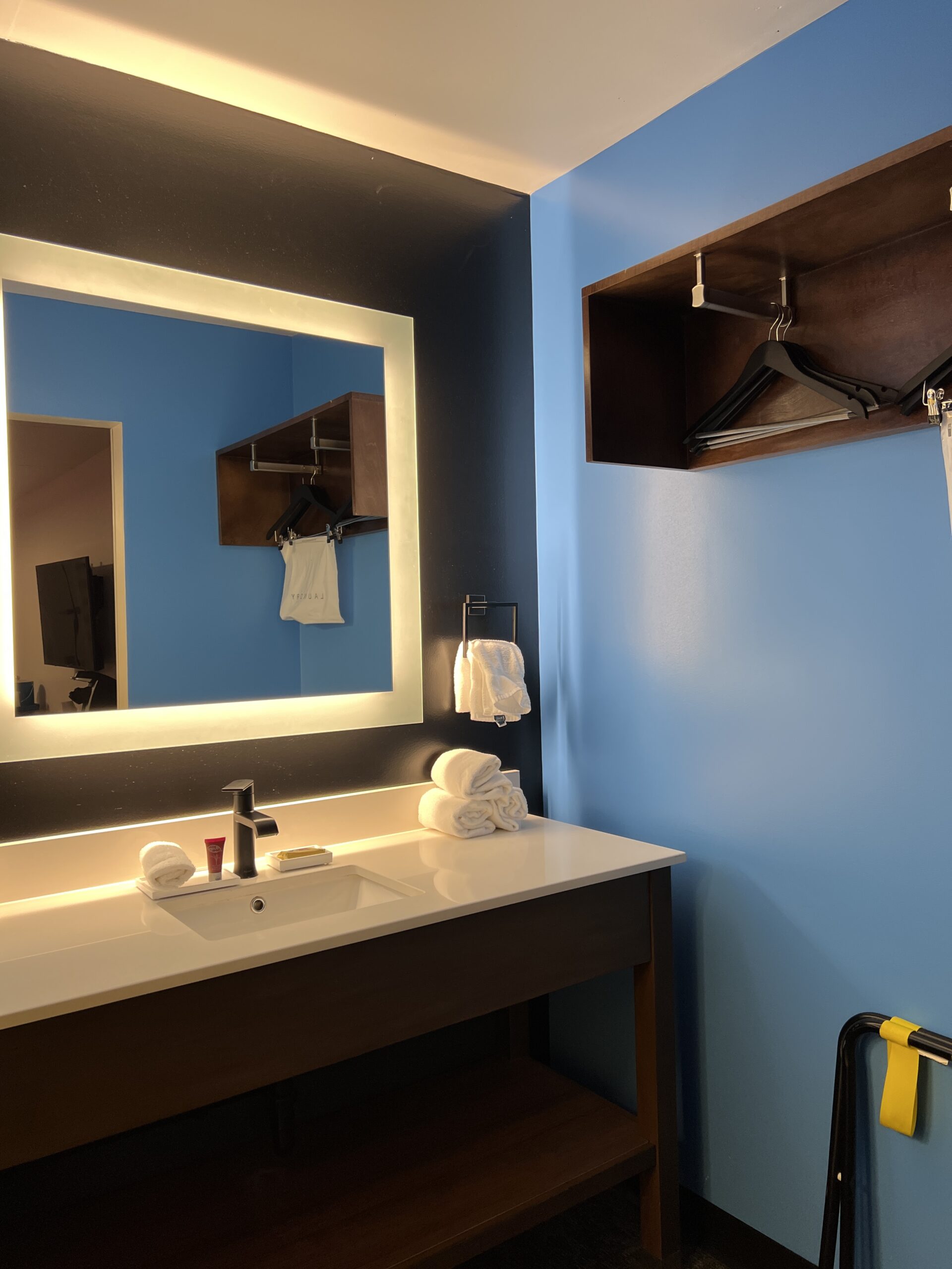 Bathroom sink in standard room at Cartoon Network Hotel in Lancaster portrait image