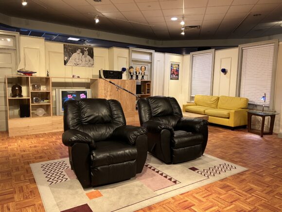 Chandler and Joey apartment with recliners at The Friends Experience Near Philadelphia
